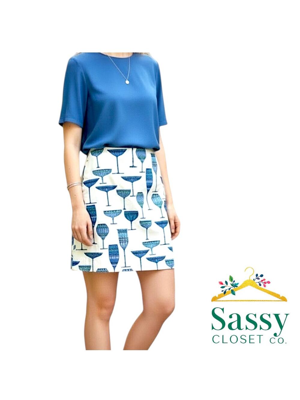 ✨ TALBOTS Blue Glass Mosaic Tile Skirt 4 EUC Coastal Grandmillennial 🏛️